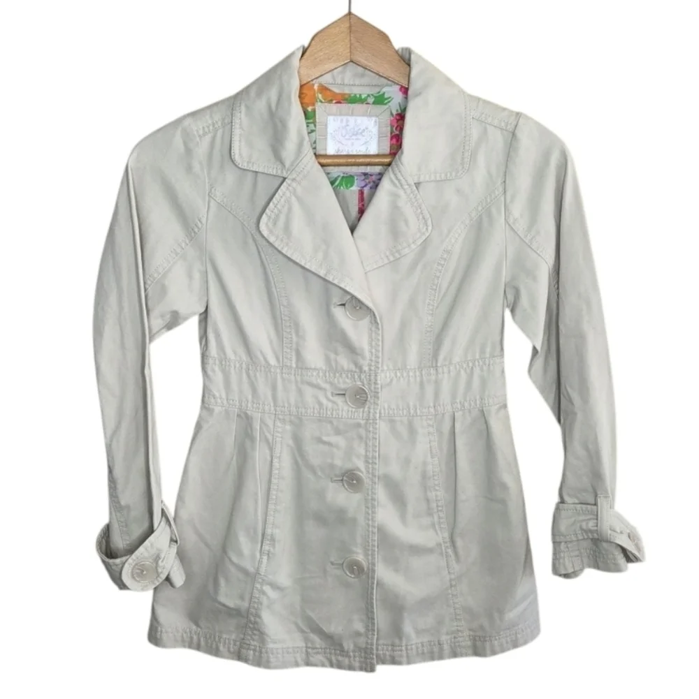 Justice Khaki Cream Button Front Jacket Notch Collar Girls Size 8 100% Cotton
